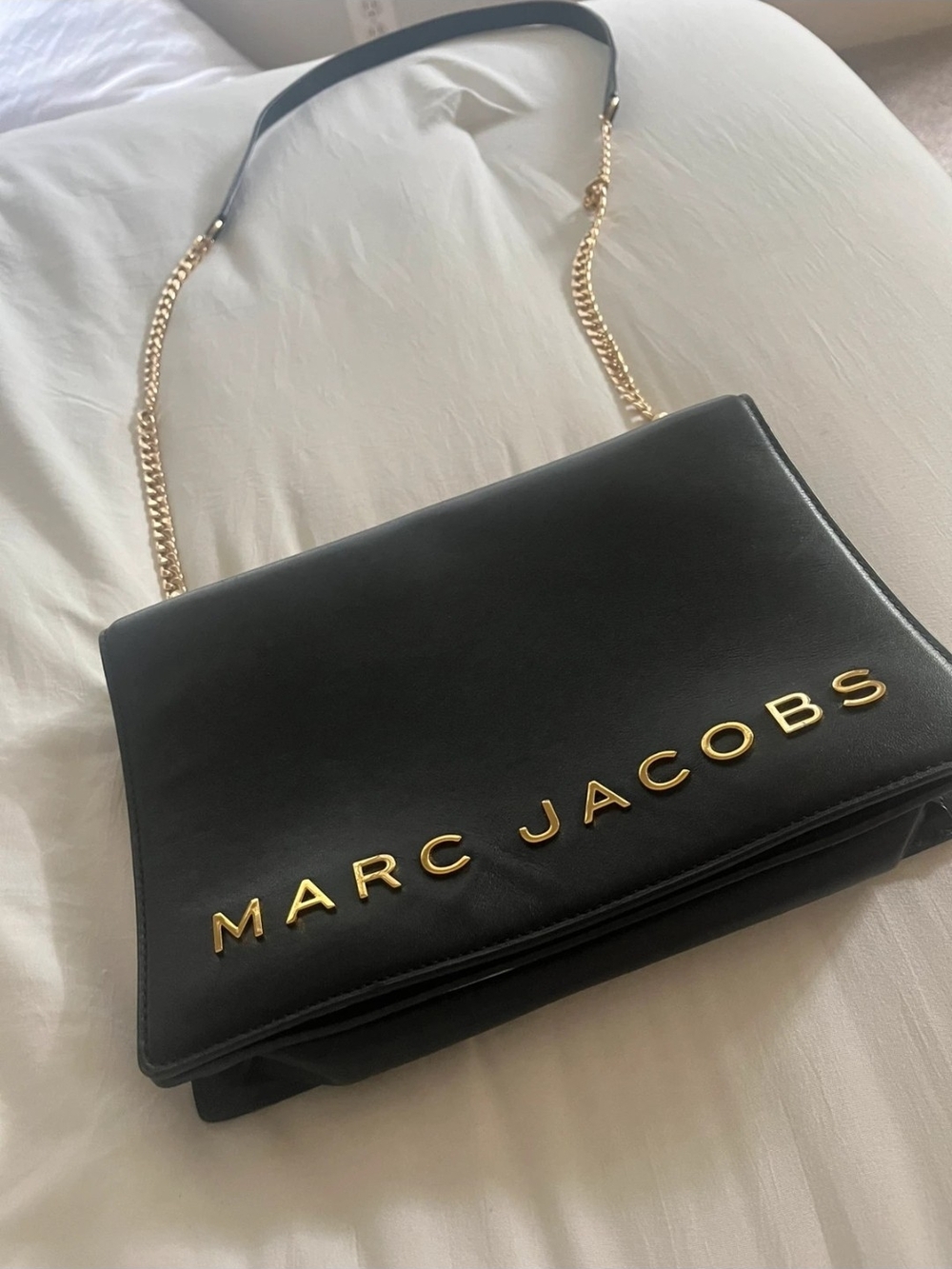 Marc Jacobs Black Leather Shoulder Bag with Gold Chain